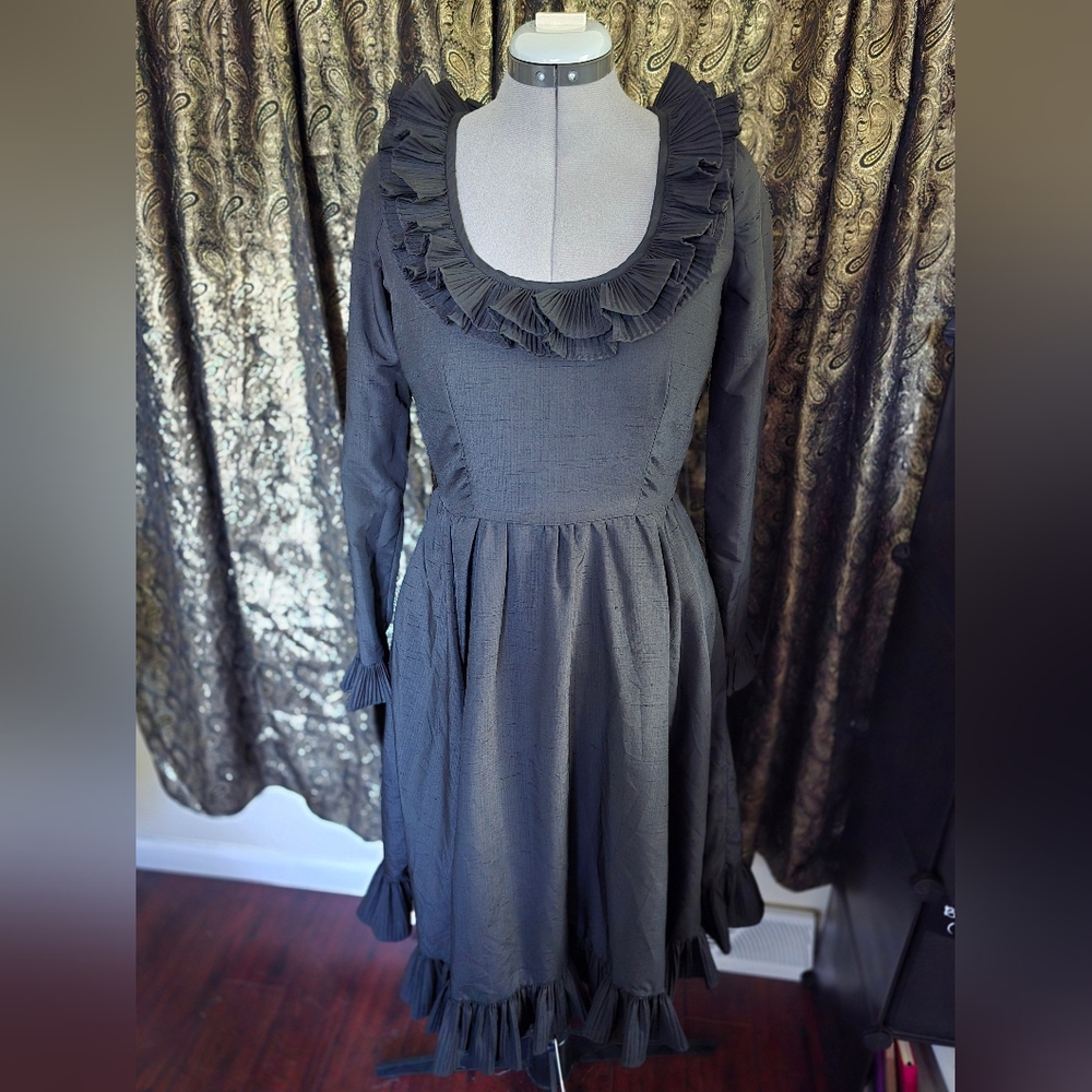 Victor Costa Charcoal Ruffled Long Sleeve Dress